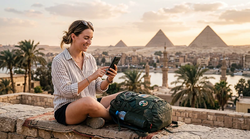 Tourist using an eSIM for mobile internet while traveling in Egypt