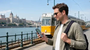 Traveller using a Hungary eSIM for navigation beside a Budapest tram