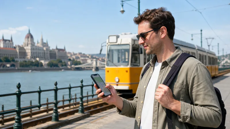 Traveller using a Hungary eSIM for navigation beside a Budapest tram