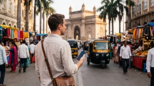 Traveler using an India eSIM during a trip