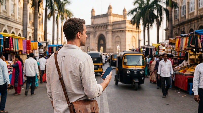 Traveler using an India eSIM during a trip