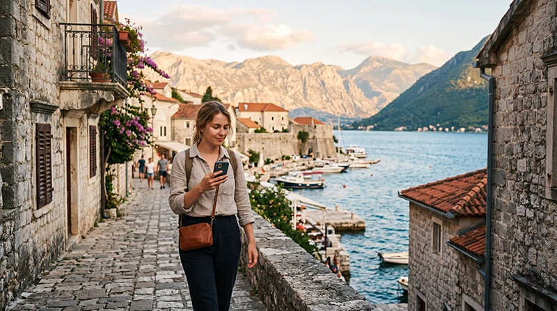 Traveler installing a Montenegro eSIM before departure