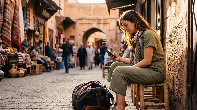 Traveler using an eSIM for mobile data in Morocco