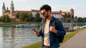 Traveller using a Poland eSIM for navigation beside Wawel Castle in Kraków.
