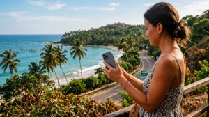 Traveler using a Sri Lanka eSIM on a smartphone while exploring the island