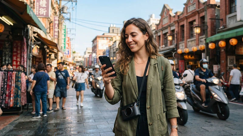Traveller using an eSIM on a smartphone while exploring Taiwan