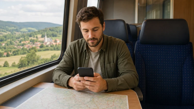 Traveller checking a Central Europe route between Hungary and the Czech Republic