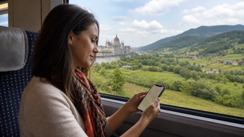 Traveller using a smartphone while travelling between Hungary and Romania