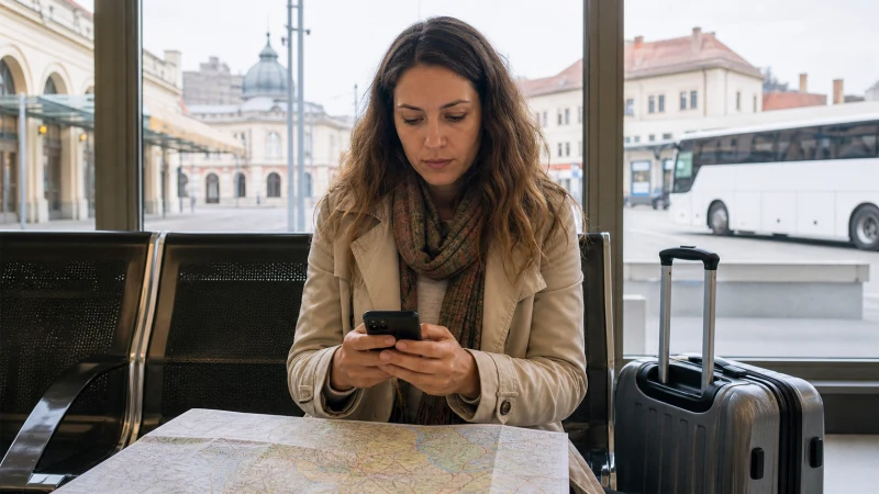 Traveller checking a cross-border route between Hungary and Serbia on a smartphone