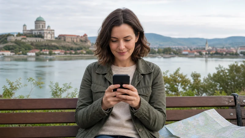 Traveller using a smartphone while travelling between Hungary and Slovakia