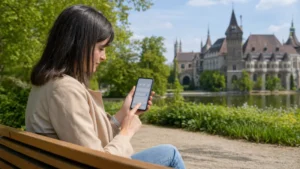 Traveller configuring a Hungary eSIM on an Android phone in Budapest City Park