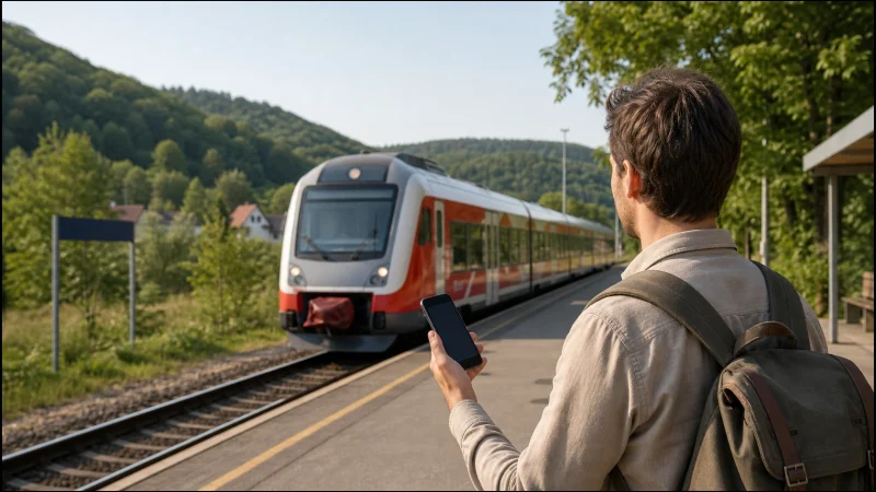 Traveller checking Hungary eSIM coverage at a rural railway station