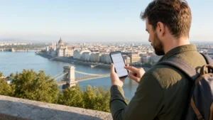 Traveller configuring a Hungary eSIM on an iPhone above the Danube in Budapest