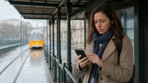 Traveller troubleshooting a Hungary eSIM at a rainy Budapest tram stop