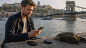 Traveller using a smartphone beside a pocket WiFi device on the Danube in Budapest