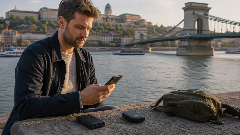 Traveller using a smartphone beside a pocket WiFi device on the Danube in Budapest