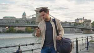 Traveller checking a smartphone beside the Chain Bridge in Budapest
