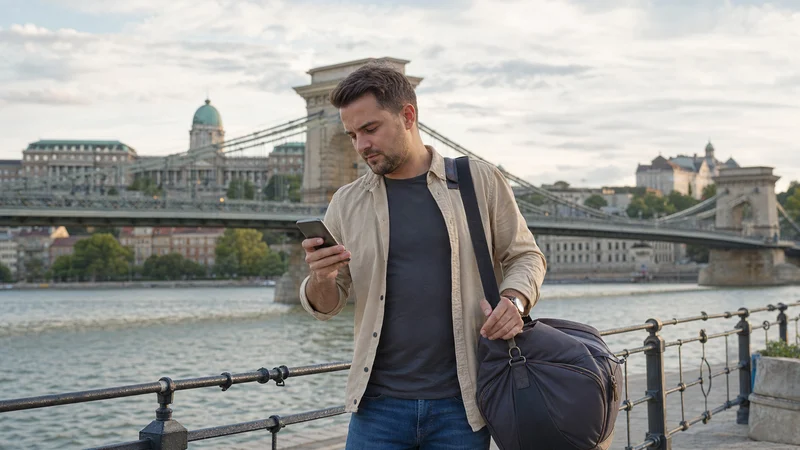 Traveller checking a smartphone beside the Chain Bridge in Budapest