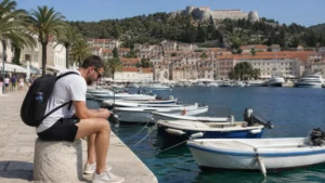 Traveller checking mobile data at Hvar harbour.