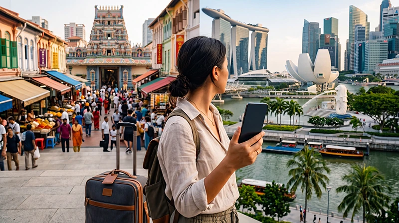 Traveler using one eSIM for mobile data during a trip to India and the UAE