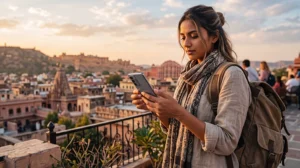 Traveler installing and using an India eSIM on an Android smartphone