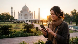 Traveler installing an India eSIM on an iPhone before traveling