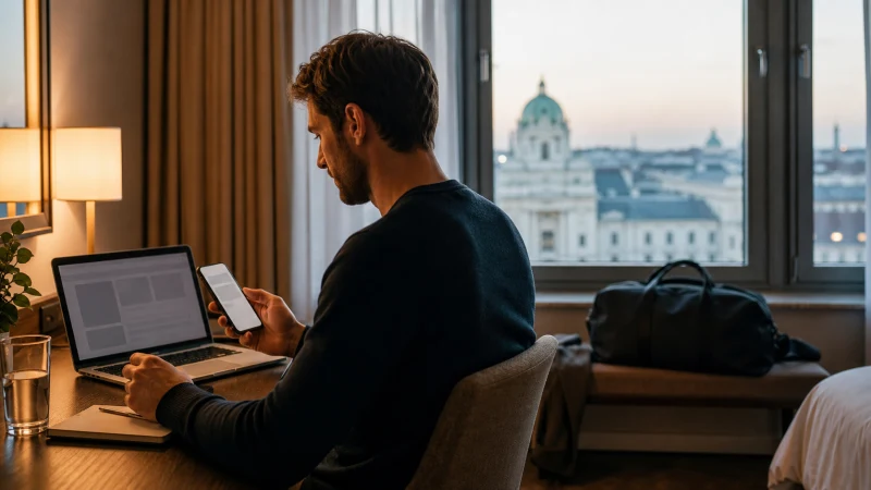 Traveller installing an Austria eSIM on a smartphone in a Vienna hotel