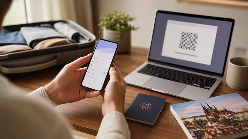Traveller installing a Czech Republic eSIM on trusted WiFi before departure.