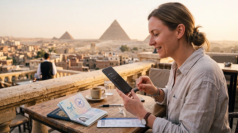 Tourist installing an Egypt eSIM before travel