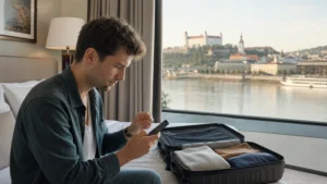 Traveller installing an eSIM on a smartphone beside luggage in a Bratislava hotel room.