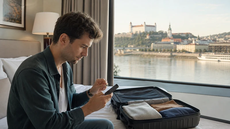 Traveller installing an eSIM on a smartphone beside luggage in a Bratislava hotel room.