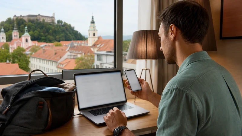 Traveller installing a Slovenia eSIM from a Ljubljana hotel room.