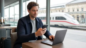 Traveller installing a Germany eSIM at a German train station
