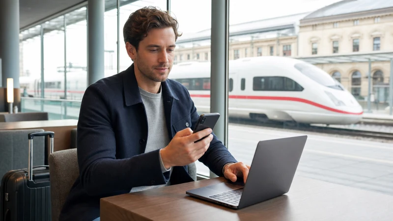 Traveller installing a Germany eSIM at a German train station