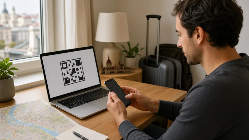 Traveller installing a Hungary eSIM before travel using a phone and laptop