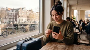 Traveller installing a Netherlands travel eSIM on a compatible smartphone before departure