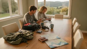 Travellers installing a New Zealand eSIM on their phones before starting a road trip