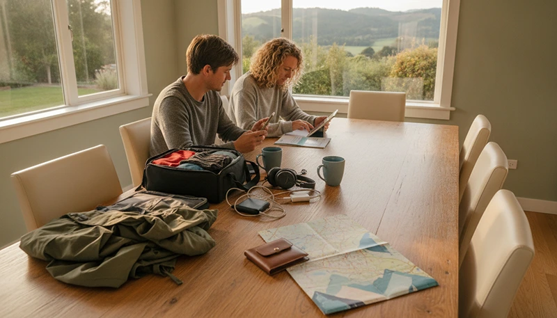 Travellers installing a New Zealand eSIM on their phones before starting a road trip