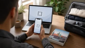 Traveller installing a Poland eSIM at home before departure.