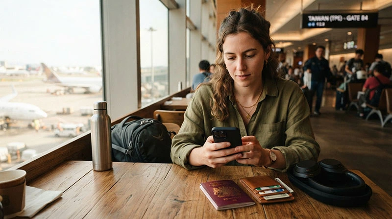 Traveller installing a Taiwan eSIM on a smartphone before a trip