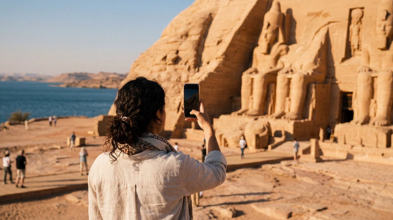 Tourist using mobile internet while visiting Abu Simbel in Egypt