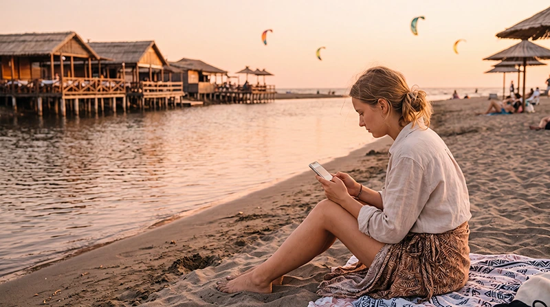 Traveler using mobile internet while visiting Ada Bojana in Montenegro
