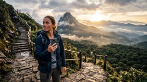 Tourist using mobile internet while hiking near Adam's Peak in Sri Lanka