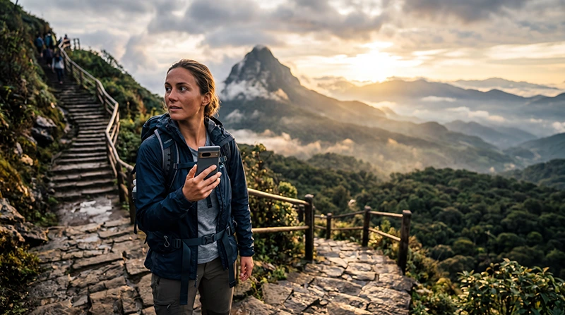 Tourist using mobile internet while hiking near Adam's Peak in Sri Lanka