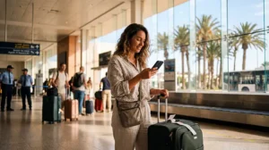 Tourist using mobile internet at Agadir Al Massira Airport