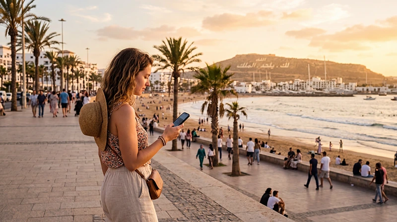 Tourist using mobile internet in Agadir Morocco