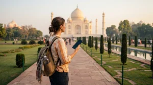 Tourist using mobile internet in Agra with an India eSIM