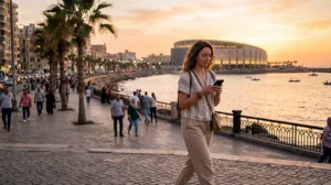 Tourist using mobile internet while traveling in Alexandria Egypt