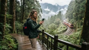Tourist using mobile internet while exploring Alishan mountain area in Taiwan