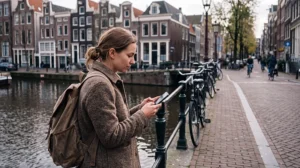 Tourist using mobile internet near the Anne Frank House in Amsterdam